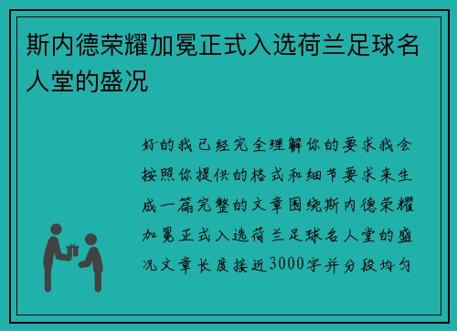 斯内德荣耀加冕正式入选荷兰足球名人堂的盛况 斯内德荣耀加冕正式入选荷兰足球名人堂的盛况