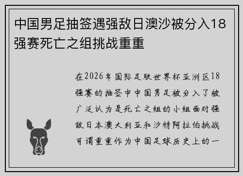 中国男足抽签遇强敌日澳沙被分入18强赛死亡之组挑战重重 中国男足抽签遇强敌日澳沙被分入18强赛死亡之组挑战重重